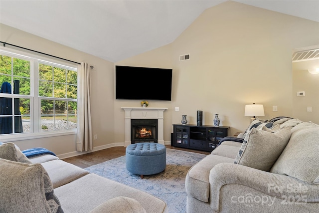 living room with hardwood / wood-style floors and lofted ceiling