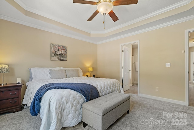 bedroom featuring light carpet, a raised ceiling, ceiling fan, and ornamental molding