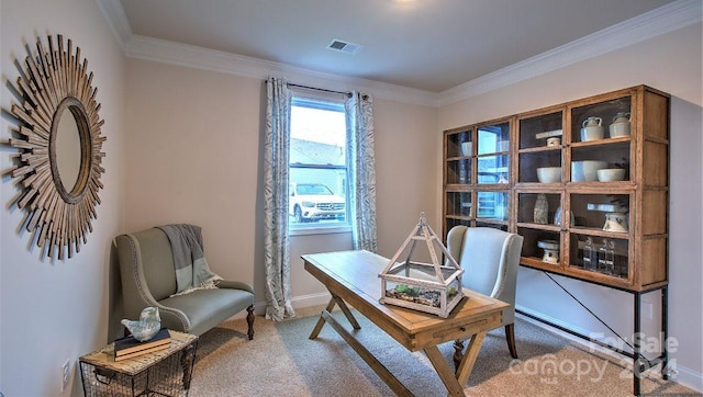 living area featuring carpet and ornamental molding