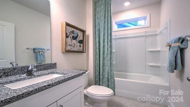 full bathroom with toilet, vanity, tile patterned flooring, and shower / bathtub combination with curtain