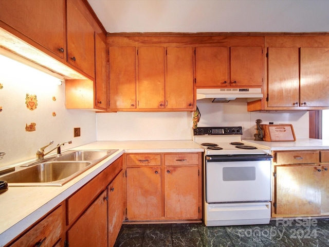 kitchen with white electric range oven and sink