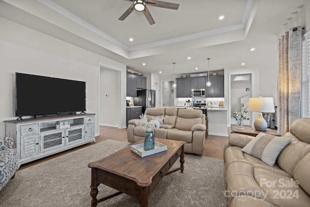 living room featuring light hardwood / wood-style flooring, ceiling fan, and a raised ceiling