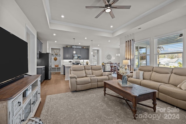 living room with a raised ceiling, ceiling fan, and light hardwood / wood-style flooring