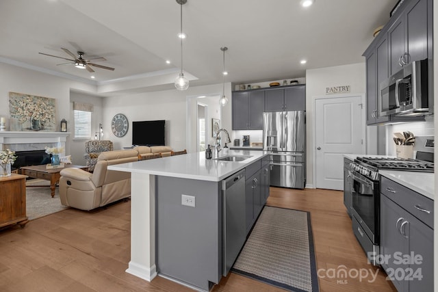 kitchen featuring light hardwood / wood-style flooring, sink, an island with sink, appliances with stainless steel finishes, and decorative light fixtures