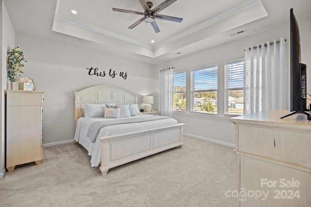 carpeted bedroom featuring a tray ceiling and ceiling fan