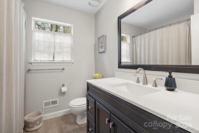 bathroom featuring hardwood / wood-style floors, vanity, and toilet