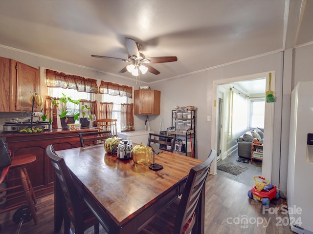 dining area featuring dark wood-type flooring, ornamental molding, and ceiling fan