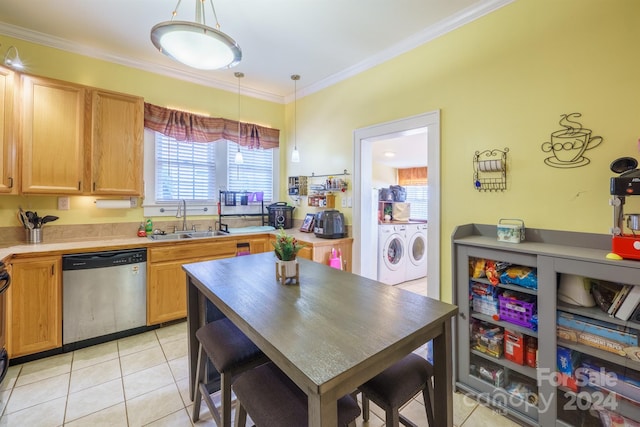 kitchen featuring washer and clothes dryer, pendant lighting, crown molding, sink, and stainless steel dishwasher