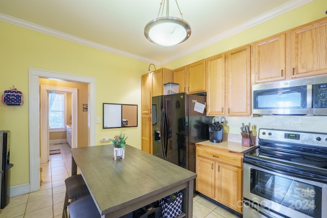 kitchen with light brown cabinets, stainless steel appliances, decorative light fixtures, light tile patterned flooring, and ornamental molding