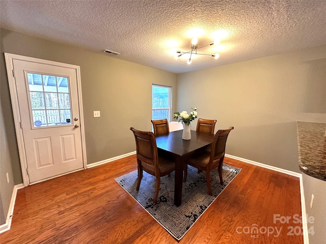 dining room with hardwood / wood-style floors, a textured ceiling, and a wealth of natural light