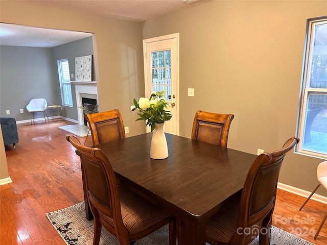 dining space featuring hardwood / wood-style floors, plenty of natural light, and a textured ceiling