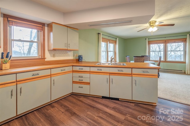 kitchen with a baseboard heating unit, dark hardwood / wood-style flooring, sink, kitchen peninsula, and ceiling fan