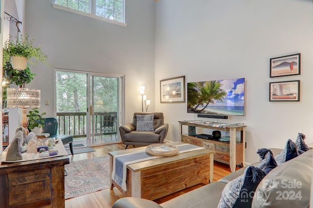 living room with a towering ceiling, a healthy amount of sunlight, and light hardwood / wood-style flooring