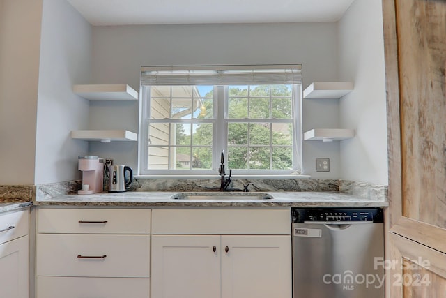 kitchen featuring dishwasher, sink, and white cabinets