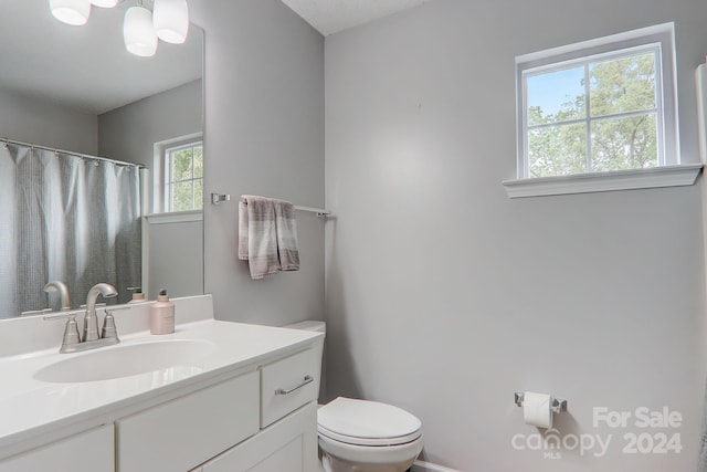 bathroom with plenty of natural light, vanity, and toilet