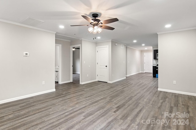 unfurnished living room with ornamental molding, hardwood / wood-style floors, and ceiling fan