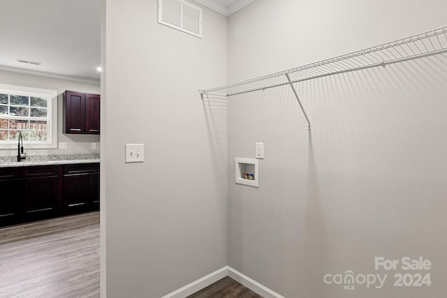 laundry room with washer hookup, wood-type flooring, and ornamental molding