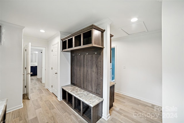 mudroom with ornamental molding and light hardwood / wood-style flooring