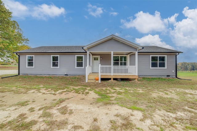 single story home with roof with shingles, a porch, and crawl space