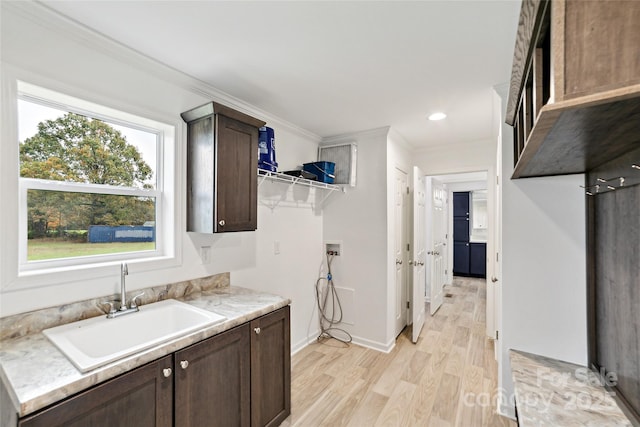 kitchen with a sink, light countertops, ornamental molding, dark brown cabinets, and light wood-type flooring