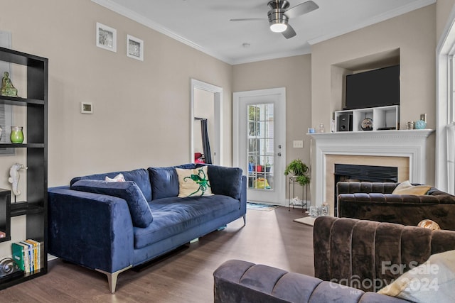 living room featuring dark hardwood / wood-style floors, ceiling fan, and ornamental molding