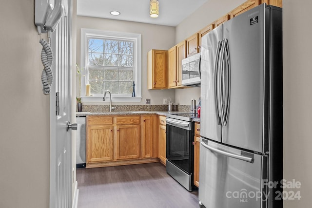 kitchen with stainless steel appliances, dark hardwood / wood-style floors, and sink