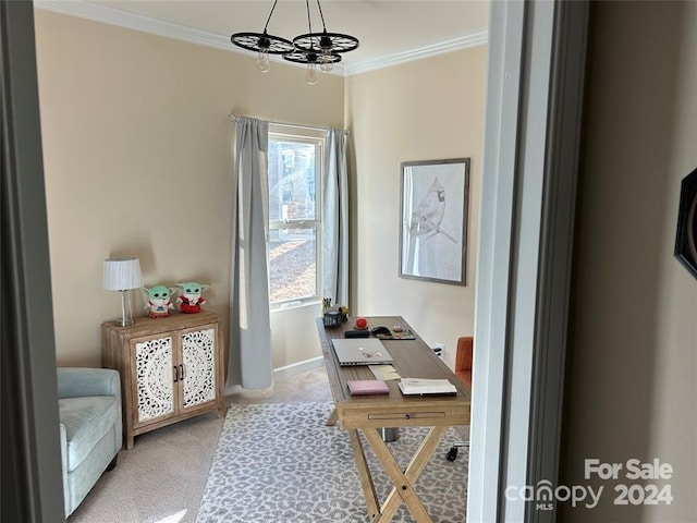 office area featuring crown molding and an inviting chandelier