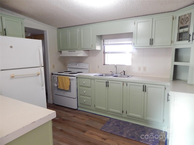 kitchen featuring green cabinets, sink, a textured ceiling, white appliances, and dark hardwood / wood-style flooring