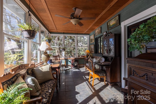 sunroom / solarium with ceiling fan and wood ceiling