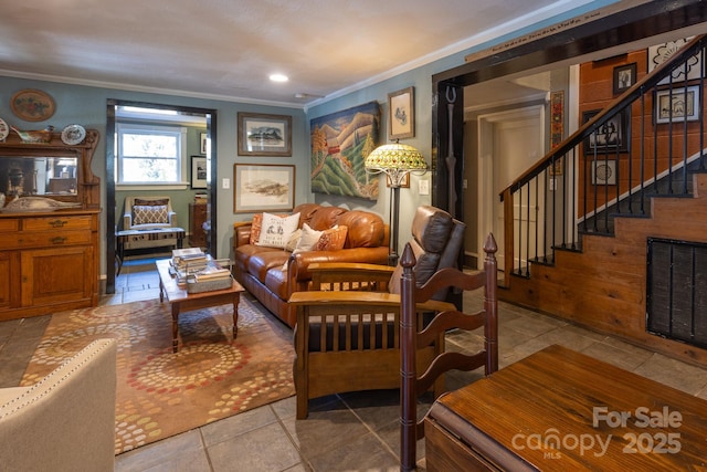 tiled living room featuring crown molding