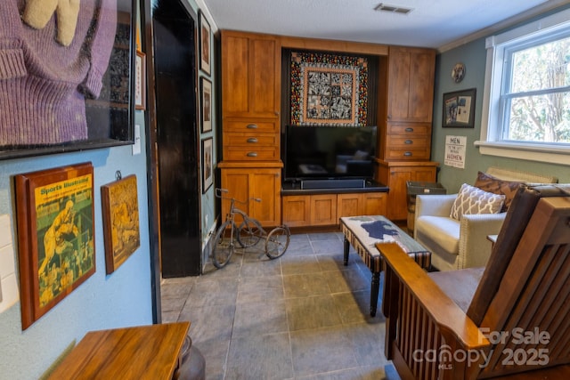 living room featuring ornamental molding