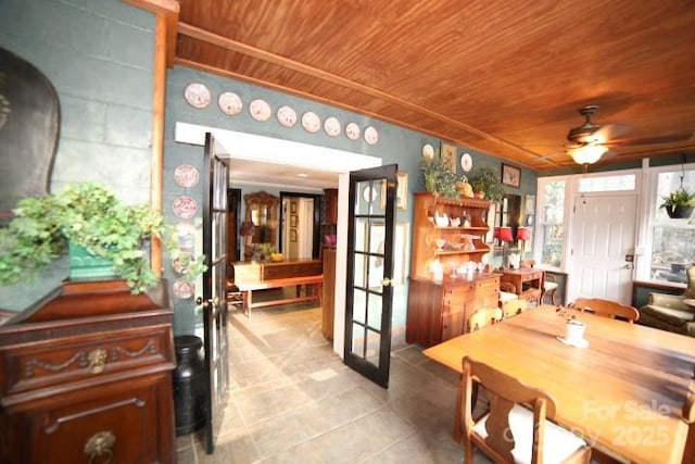 dining area featuring ceiling fan, french doors, and wood ceiling