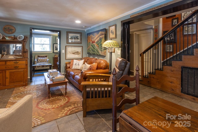 26 Kitazuma Rd, Black Mountain, NC 28711 - living room featuring ornamental molding, stairway, and recessed lighting
