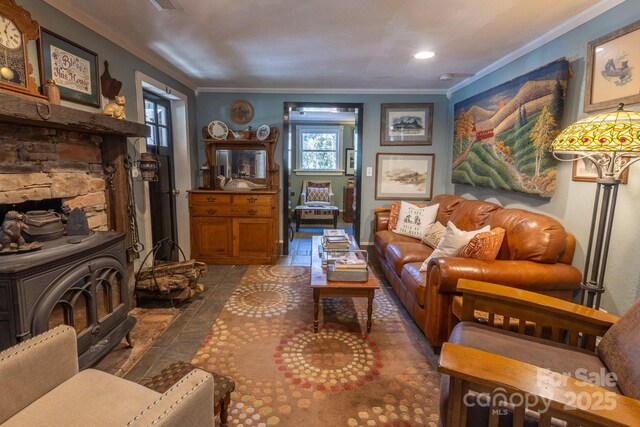 26 Kitazuma Rd, Black Mountain, NC 28711 - tiled living area with ornamental molding and a wood stove
