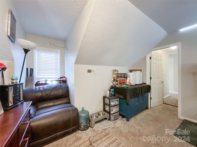 bonus room featuring a textured ceiling, light colored carpet, and vaulted ceiling