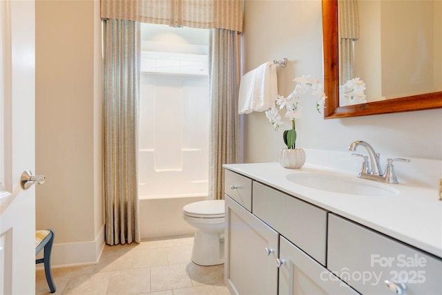 full bathroom with shower / tub combo with curtain, toilet, tile patterned flooring, and vanity