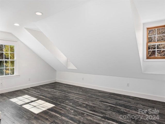 additional living space with dark hardwood / wood-style floors and lofted ceiling with skylight