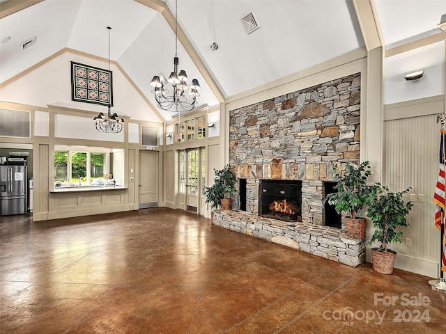 unfurnished living room with high vaulted ceiling, beam ceiling, a chandelier, and a fireplace