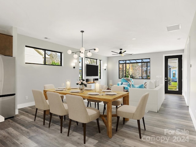 dining room with hardwood / wood-style floors and ceiling fan