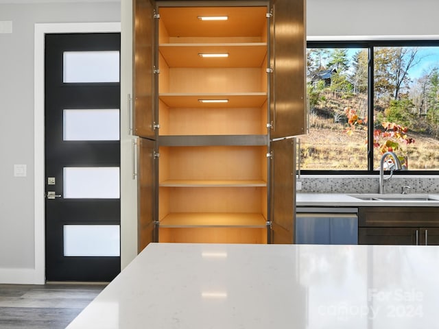 room details featuring dishwasher, sink, and hardwood / wood-style flooring