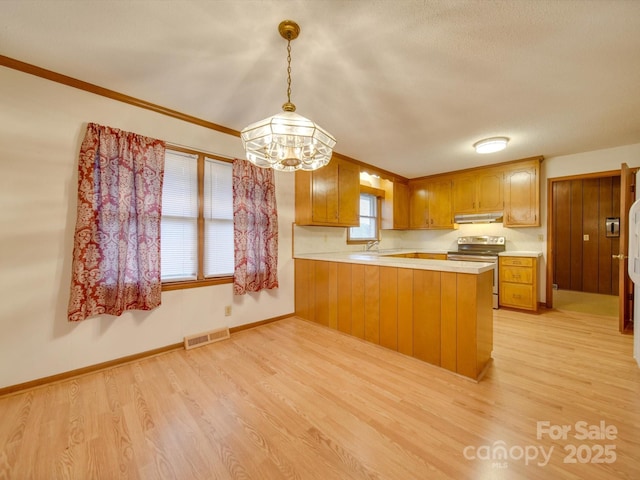 kitchen featuring kitchen peninsula, light wood-type flooring, sink, electric stove, and hanging light fixtures