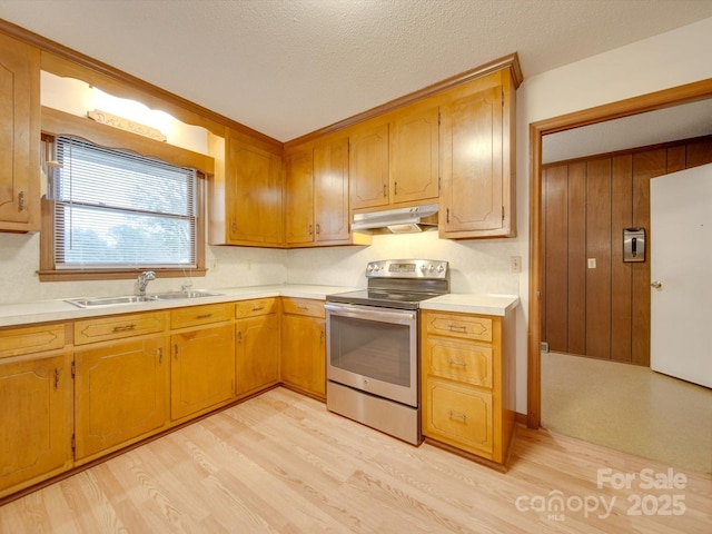 kitchen featuring stainless steel range with electric stovetop, light wood-type flooring, sink, and a textured ceiling