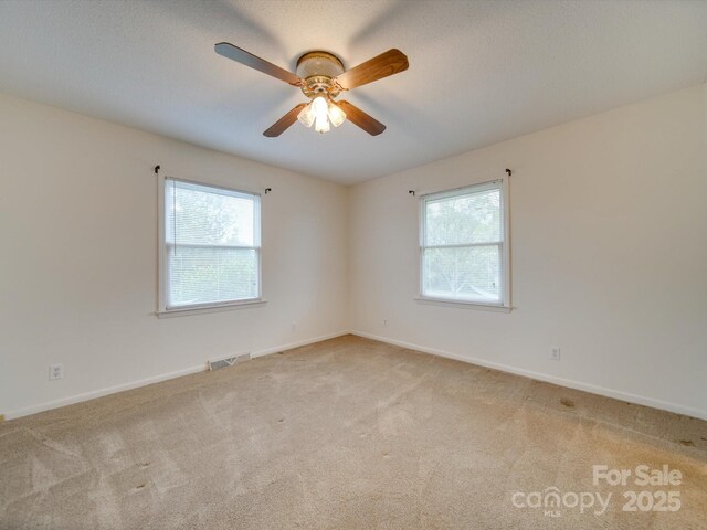 spare room featuring light carpet, a wealth of natural light, and ceiling fan