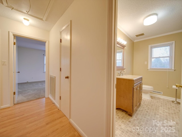 hallway with a textured ceiling, light hardwood / wood-style flooring, crown molding, and sink