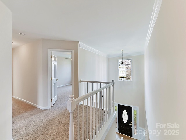 hallway with light carpet and crown molding