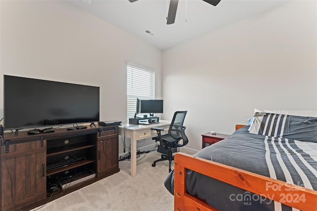 bedroom featuring carpet, ceiling fan, and lofted ceiling