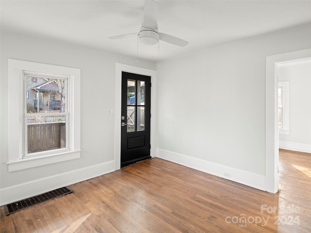 entrance foyer featuring ceiling fan and wood-type flooring