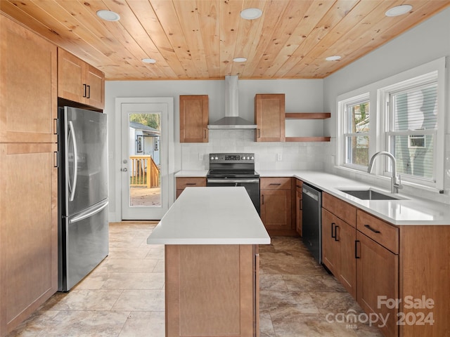 kitchen featuring a center island, wall chimney exhaust hood, sink, wooden ceiling, and appliances with stainless steel finishes