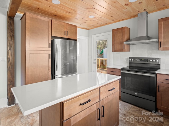 kitchen featuring a kitchen island, stainless steel refrigerator, black electric range oven, wood ceiling, and wall chimney exhaust hood