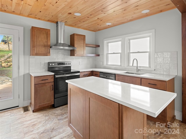 kitchen with wooden ceiling, sink, appliances with stainless steel finishes, wall chimney exhaust hood, and a center island